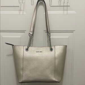 Calvin Klein Hayden Saffiano Leather Metallic Silver Tote